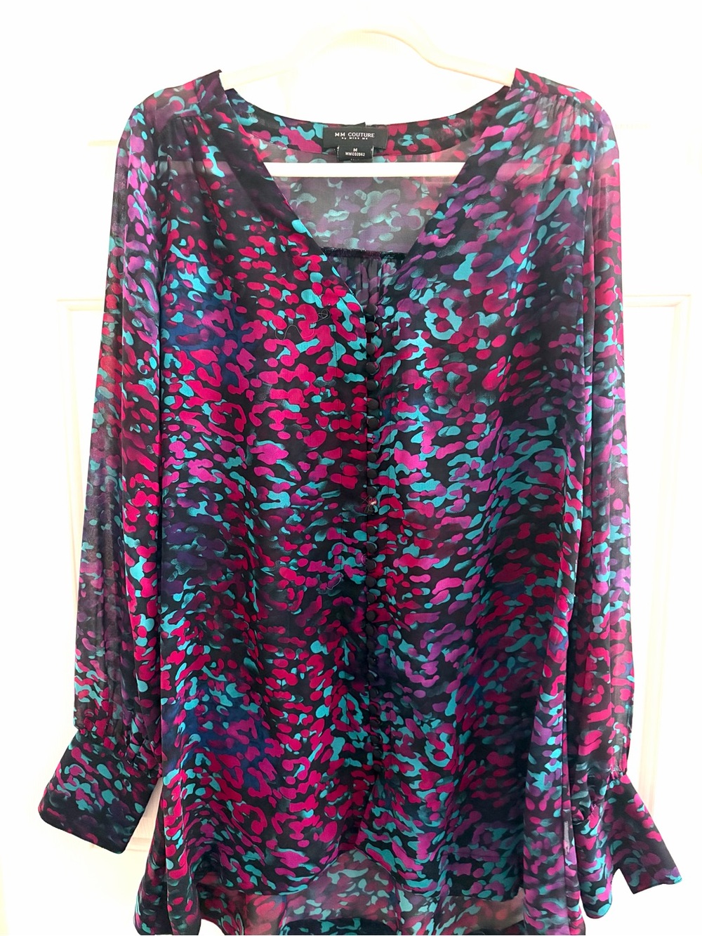 MM Couture by Miss Me Printed V-Neck Sheer Blouse in Magenta and Teal